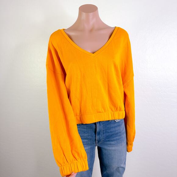 BP V Neck Long Sleeve Oversized Cropped Sweatshirt Mustard Yellow Large NWT - Picture 1 of 9